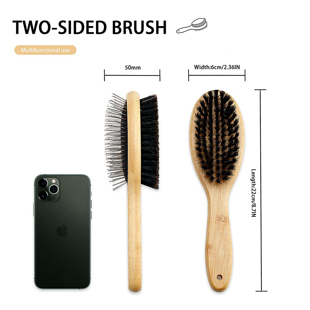 Dog Brush Cat Brush,  Double Sided Bristle and Pin Pet Brush for Dog Grooming, Real Boar Bristle Shedding Brush with Bamboo Handle for Long Short Hair, 2 Pack Dog Comb, Black