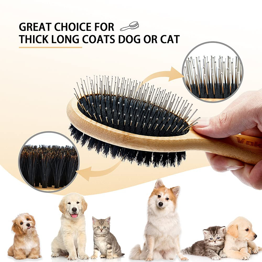 Dog Brush Cat Brush,  Double Sided Bristle and Pin Pet Brush for Dog Grooming, Real Boar Bristle Shedding Brush with Bamboo Handle for Long Short Hair, 2 Pack Dog Comb, Black