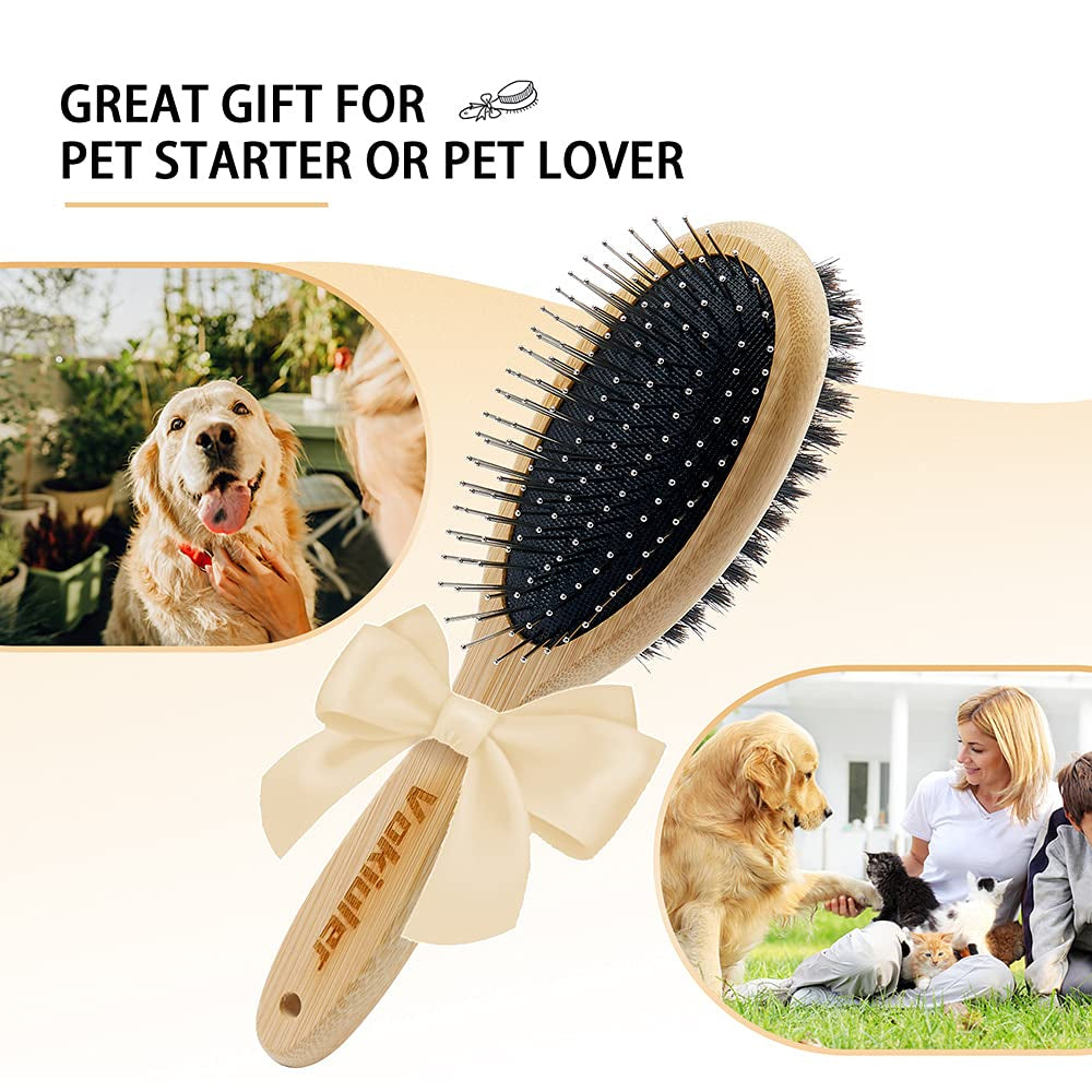Dog Brush Cat Brush,  Double Sided Bristle and Pin Pet Brush for Dog Grooming, Real Boar Bristle Shedding Brush with Bamboo Handle for Long Short Hair, 2 Pack Dog Comb, Black